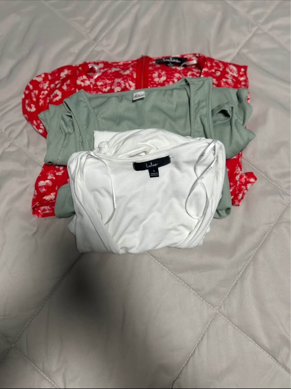 Bundle of 3 Women’s Summer Dresses - White, Red Floral (Lulus), and Sage Green
